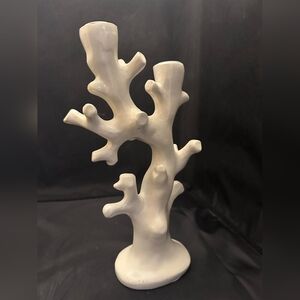 White Faux Coral 2 Taper Candle Holder Beach Seaside Summer Cottage Table Decor
